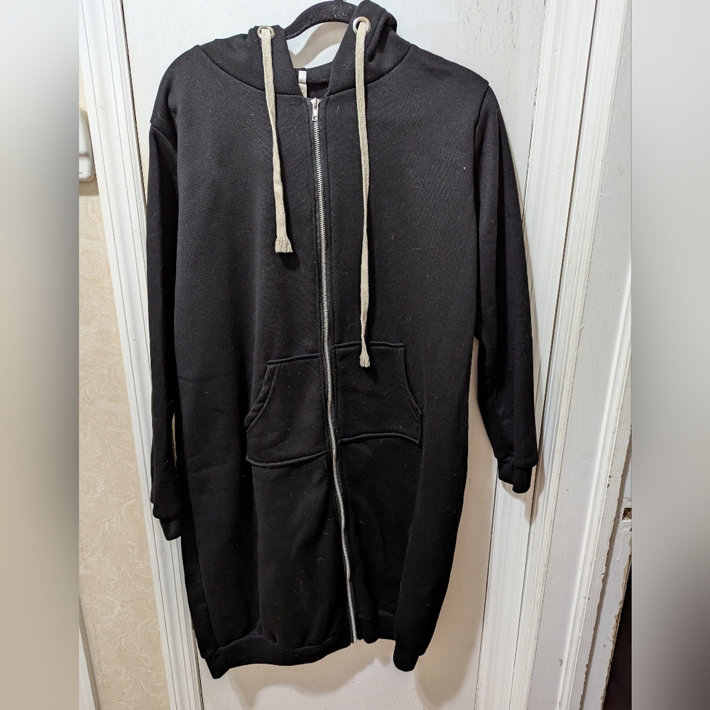 Black Long Zip Hoodie with Drawstring